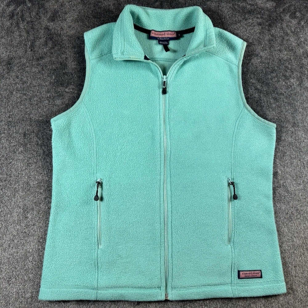 Vinyard Vines Women Vest Size Small Mint Green Fleece Sleeveless Zip Up Sweater